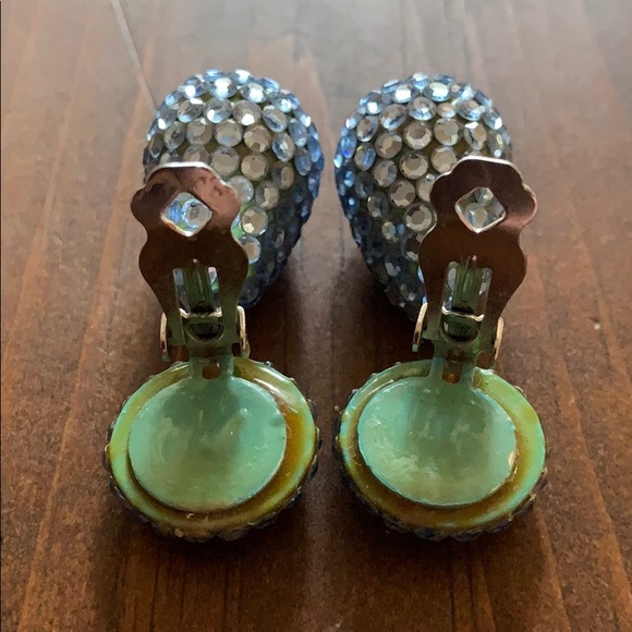 Blue Rhinestone Clip Earrings - Picture 4 of 6